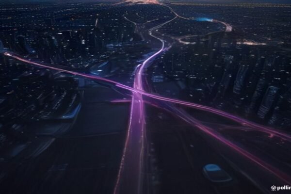 A modern smart city illuminated by digital connectivity representing 5G infrastructure.